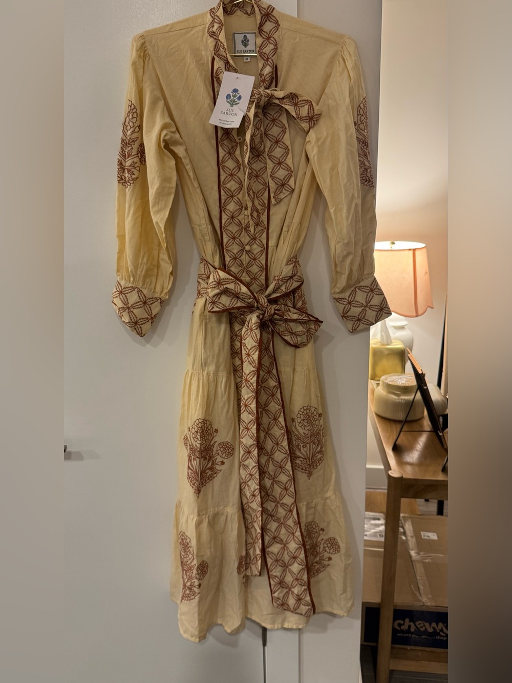 Embroidered Tie-Belt Maxi Dress in Cream with Brown Accents